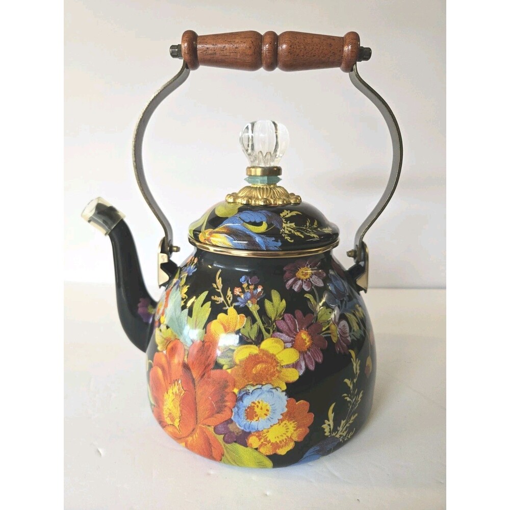 Mackenzie-Childs Black Flower Market 2 Qt Tea Kettle Vintage Taiwan Sticker EUC